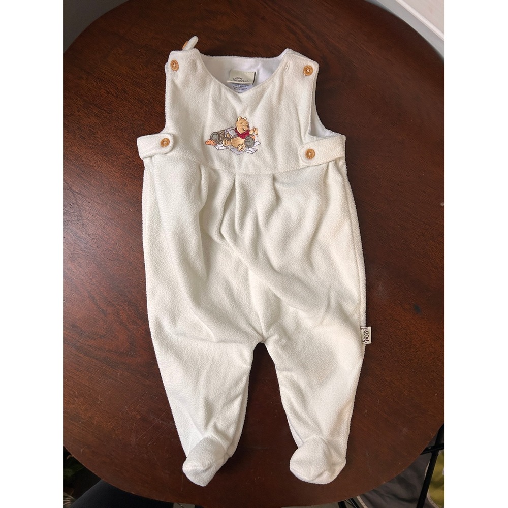 Vintage Disney Sincerely Pooh Fleece Footed Overalls Romper Cream 3-6 Months